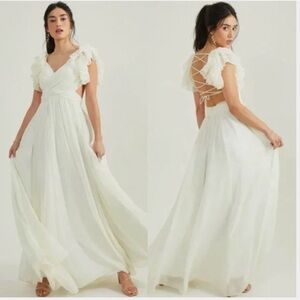 Ethereal White Ruffled Lace-Back Maxi Dress